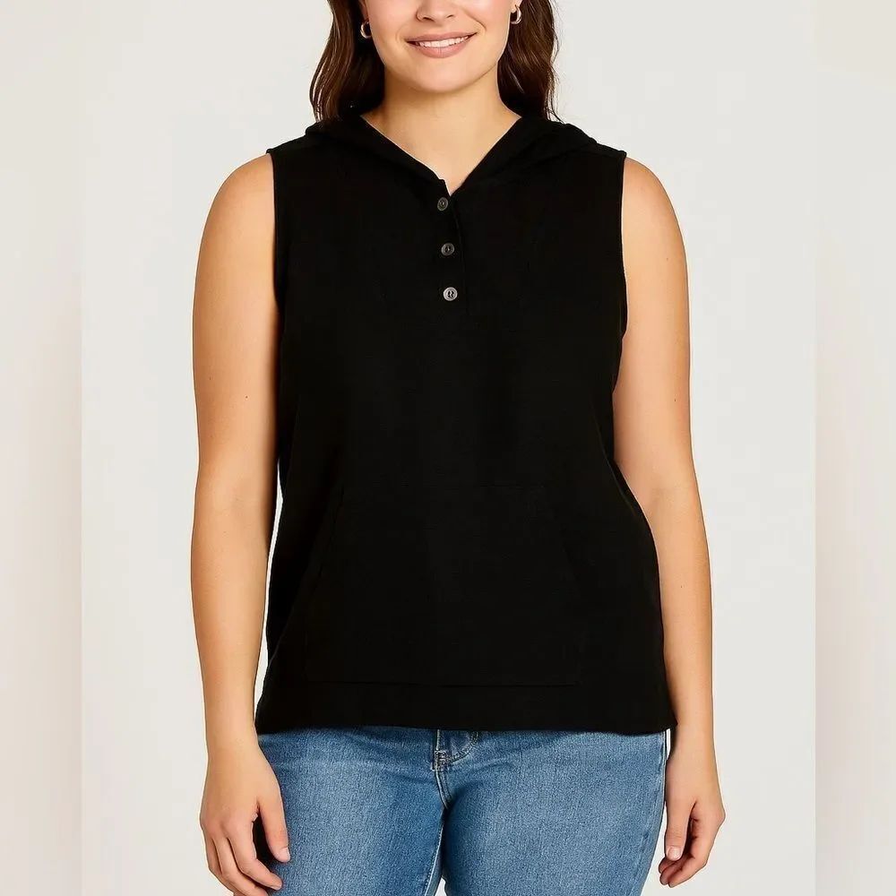 Tommy Bahama Black Sleeveless Hoodie Top Size M Hemp Blend Button Front Casual